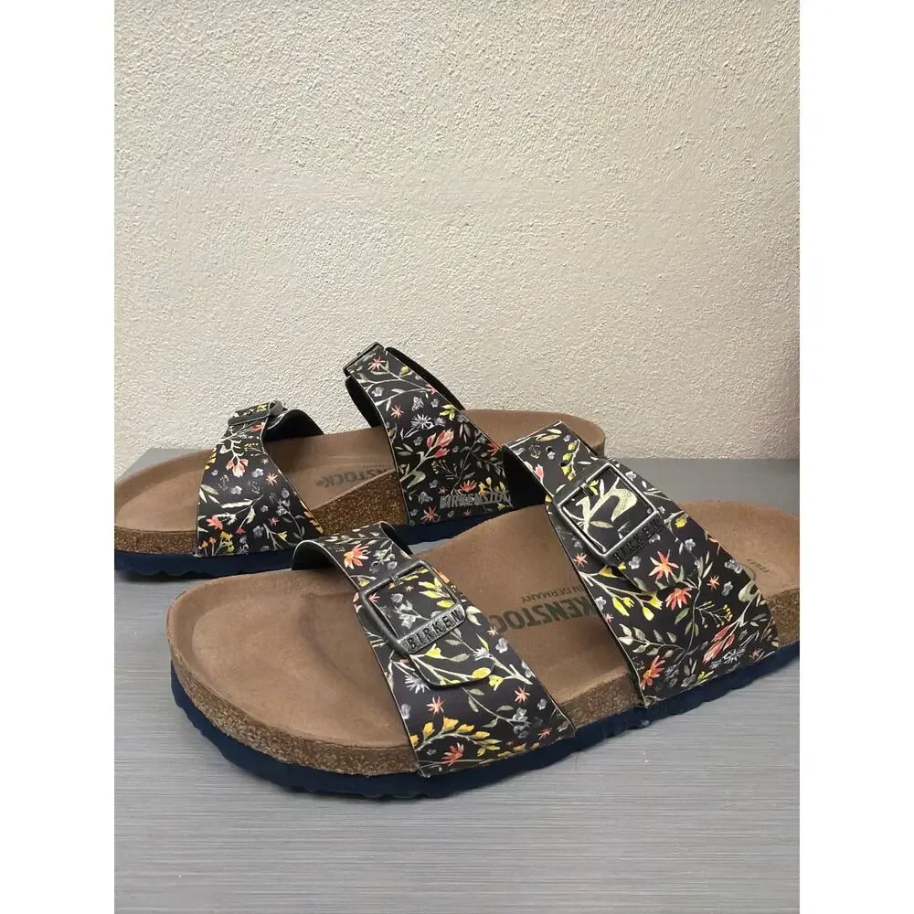 Birkenstock Vegan Sydney Sandals Slides Birko Flor Watercolor Flower Navy Sz 38 - Picture 3 of 8